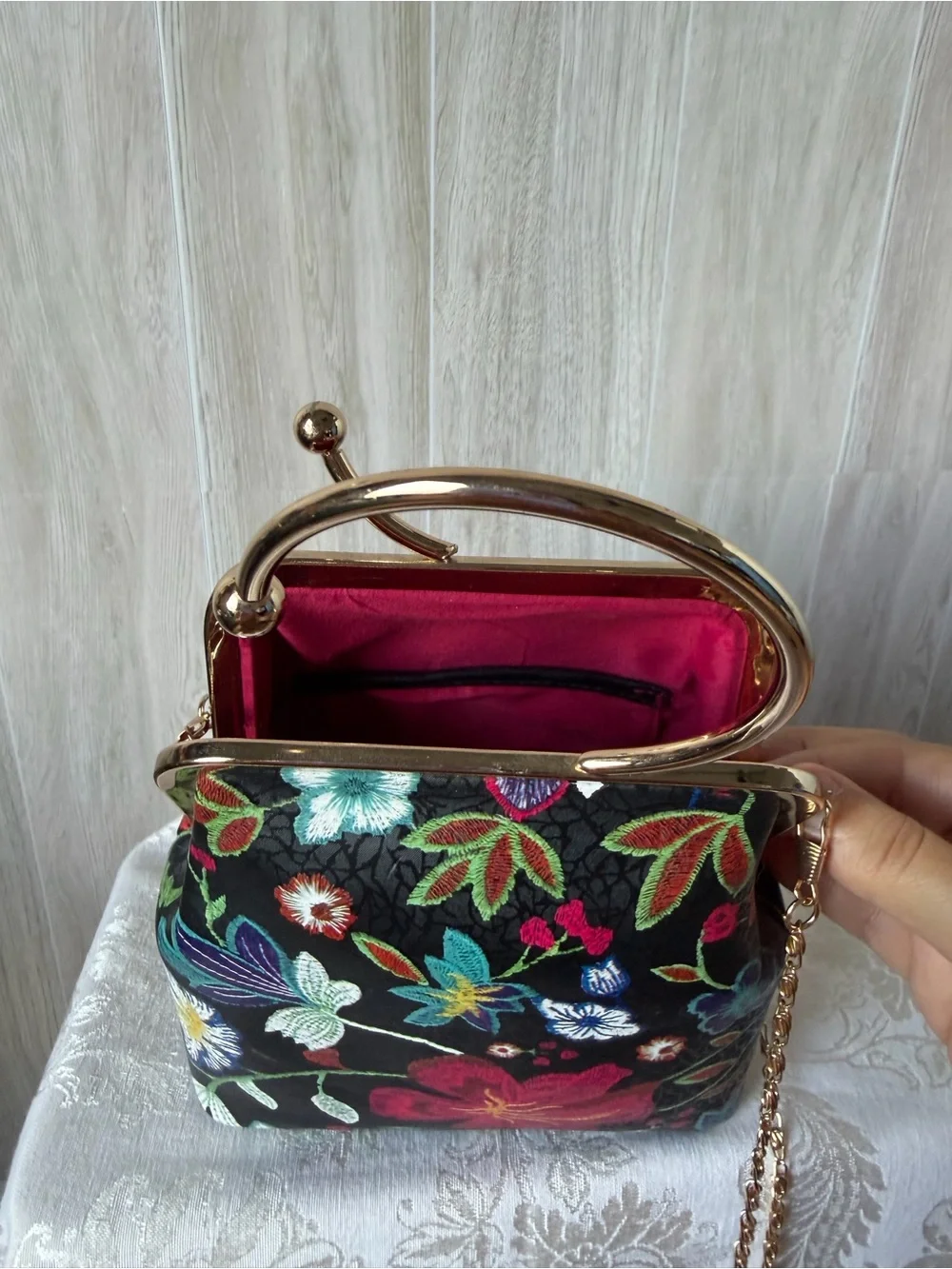 Black Floral Ring-Handle Evening Bag